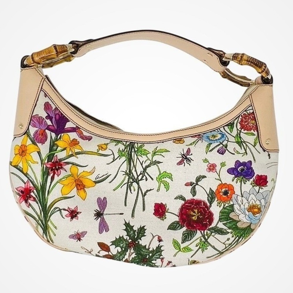 Gucci Flora Canvas Bamboo Hobo Bag Floral Print Leather Trim 137388
